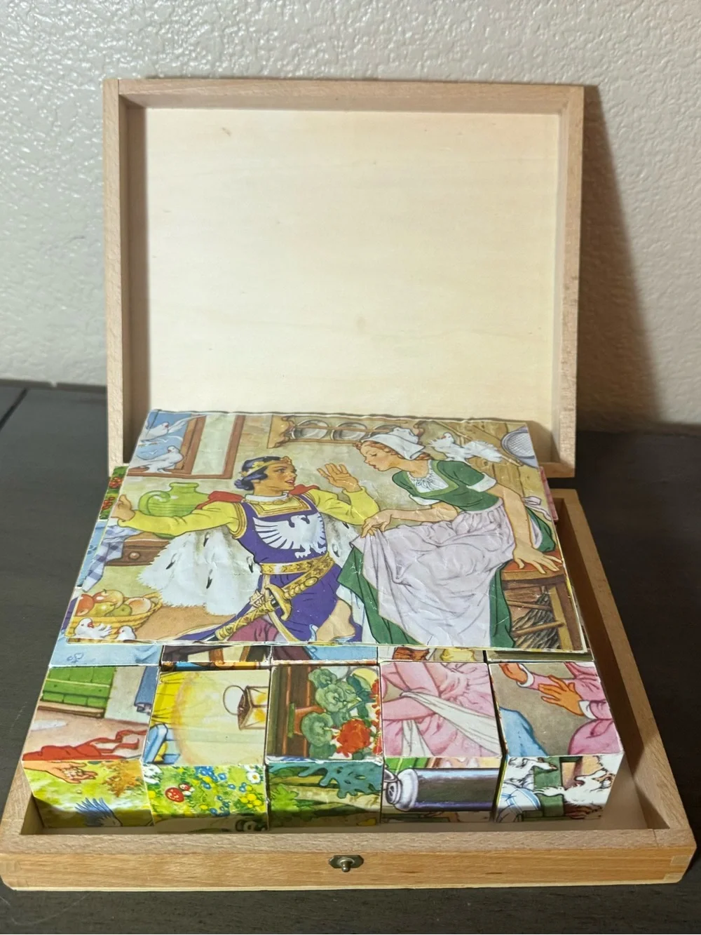 Vintage Eichhorn Germany Wooden Fairy Tale Picture Cube Puzzle Box